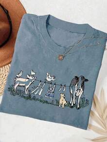 INAWLY Women's Embroidery Inspired Farm Animal Print T-Shirt (Pig, Cow, Dog) - Dusty Blue - View 3