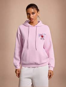 Streetz SHEIN Sport 女士字母蜘蛛印花长袖抽绳连帽卫衣，万圣节、诸圣节万圣节T恤、万圣节主题卫衣 - 粉色 - 查看 3