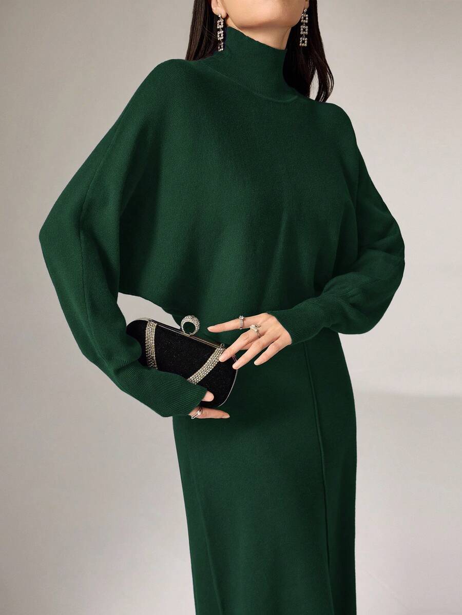 Modelyn 2件組女款休閒極簡優雅高領蝙蝠袖毛衣與洋裝套裝,秋冬舒適女裝 - 墨綠色 - 查看 1