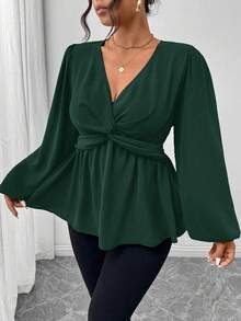 Firerie 大码休闲扭纹下摆长袖衬衫，绿色 - 墨綠色 - 查看 6