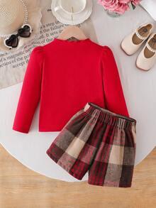2 Stück/Set Elegantes, süßes Top für Kleine Mädchen mit Rüschenkragen und Langarm + karierter Skort mit asymmetrischem Saum, geeignet für Weihnachten, Urlaub, Reisen, Frühling & Herbst - Rot - Übersicht 4