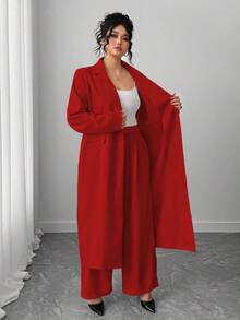 Elenzga Bộ vest blazer dài cổ ve thanh lịch cỡ lớn dành cho nữ + quần, màu mơ - Đỏ - Xem 6