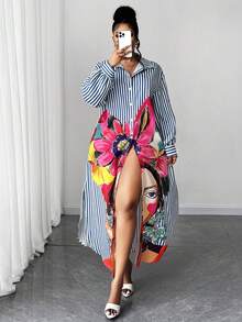Maweii Plus Size Women's Casual Abstract Portrait & Striped Print Shirt Collar Side Slit Puff Sleeve Maxi Party Dress, Suitable For Back To School Season