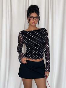 MainGRL Women's Autumn New Polka Dot Mesh Backless Flare Sleeve Long Sleeve T-Shirt See Through Top Backless Shirts Long Sleeve Sheer Top Polka Dot Top Open Back Tops