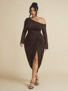 SHEIN BAE 大码女式褶饰网眼长袖半透明连衣裙 - 咖啡棕 - 查看 6