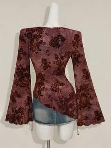 SHEIN ICON Áo thun nữ tay loe họa tiết hoa chéo jacquard dệt kim màu xanh lá cây cổ điển thời trang - Màu Đỏ Sâu - Xem 2