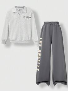 SHEIN Explorewe 2 件套运动洛杉矶元素服装，适合大童，长袖上衣和宽松长裤，活力四射的服装适合运动赛事、学校活动和街头时尚 - 灰色 - 查看 3