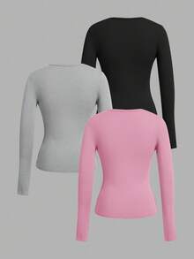 SHEIN EZwear 3 件套女士深 V 领修身休闲长袖打底 T 恤套装，适合秋冬季 - 彩色 - 查看 2
