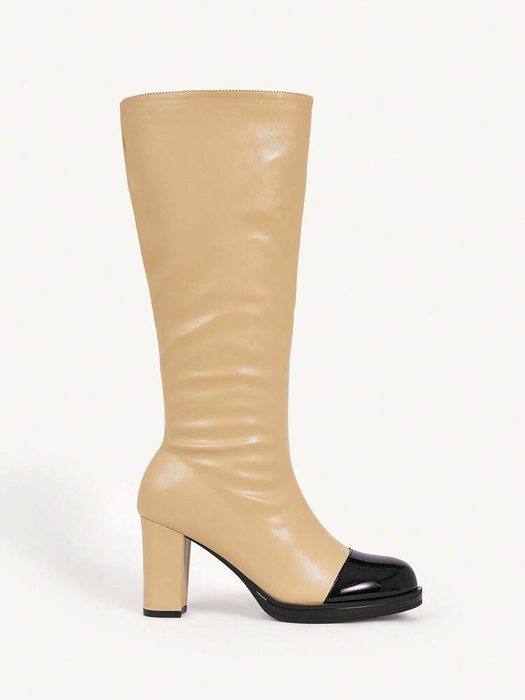 CUCCOO CHICEST 女性用ハイヒール 防水プラットフォームブーツ、パッチワーク調カラーアッパー、スリップオンアンクルブーツ、保温裏地、滑り止めアウトソール、ショッピング、パーティー、結婚式などさまざまなシーンに適しています