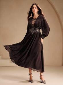 Anewsta 女士时尚新款性感镂空修身长袖水钻亮片优雅派对连衣裙 - 棕色 - 查看 4