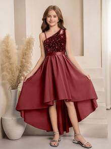SHEIN Flower Girl & Big Girl High-End Sequin One Shoulder Cutout A-Line High-Low Asymmetrical Hem Midi Dress, Suitable For Weddings, Galas, Birthdays, Parties Fall Winter - Burgundy - View 4