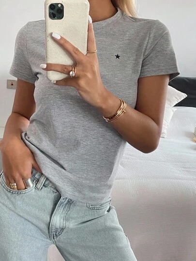 Livesso Camiseta casual de mujer de manga corta con cuello redondo y estampado de estrellas