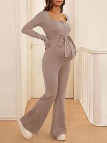 SHEIN Maternity Solid Color Simple Long-Sleeved Jumpsuit - Khaki - View 4