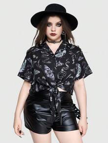 ROMWE Gothic Floral Print Tie Front Loose Cropped Shirt For Women - Multicolor - View 4