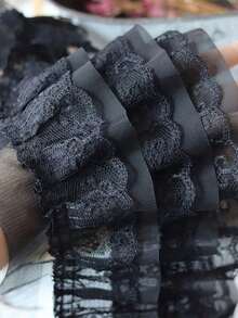 1 码黑色褶皱欧根纱蕾丝边褶皱网眼雪纺饰带复古风格边饰面料刺绣贴花缝纫工艺婚礼新娘礼服派对装饰