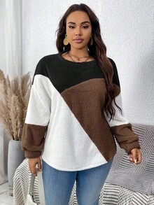 SHEIN LUNE Plush Warm Color Block Crew Neck Plus Size Sweatshirt Fall Sweater Winter Tops For Women Pullover For Women Brown Sweater Women Sweater - Coffee Brown - View 3