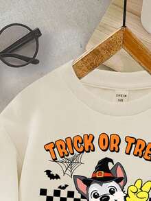 SHEIN Baby Boy Casual Minimalist Autumn New Arrival Halloween Cartoon Animal Dog Squad Cute Style Cartoon Soft Knit Thick Crew Neck Sweatshirt, Suitable For Autumn/Winter Fall - Beige - View 4