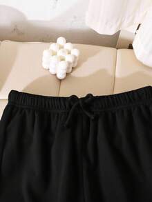 SHEIN Tween Girls' Casual Basic Minimalist Fleece Lined Ribbed Knit Relaxed Fit Wide Leg Sweatpants, Black Fall Winter