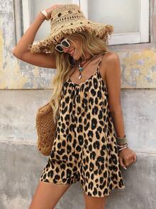 SHEIN VCAY Leopard Print Spaghetti Strap Backless Wide-Leg Jumpsuit, Vacation - Multicolor - View 5