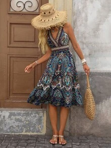 Brillora Vestido con estampado de paisley con encaje bajo con fruncido