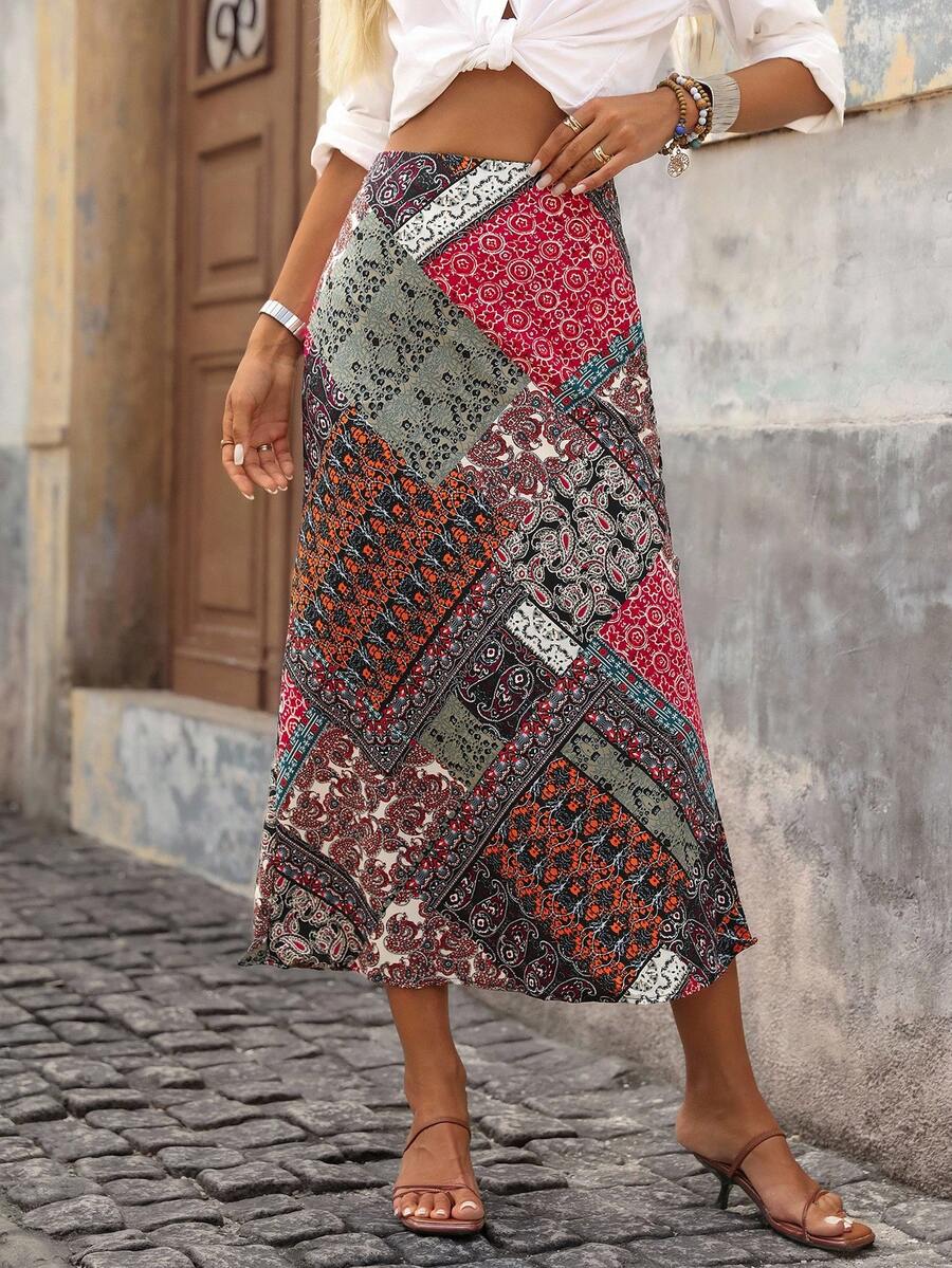 Brillora 女士度假雪纺佩斯利花卉印花鱼尾中长裙 - 彩色 - 查看 1