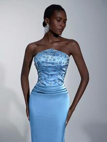 Elitara Elegant Handmade Rhinestone Embellished Strapless Mermaid Tail Dress,Ruched Waist Formal Evening Gown Suitable For Weddings,Galas&Formal Events - Blue - View 4