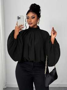 Maweii Áo sơ mi tay đèn lồng cổ đứng màu trơn thanh lịch cỡ lớn dành cho người đi làm - màu đen - Xem 2