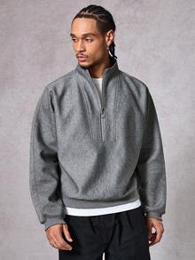 DAZY Men's Grey Half-Zip Front Pullover Sweatshirt, Sturdy Fabric, Autumn - Grey - View 4