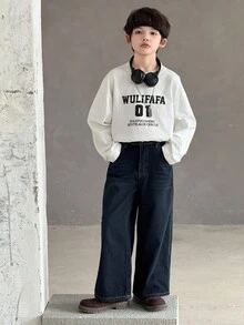 DAZY 男童宽松直筒牛仔裤，秋季街头休闲裤 - 深色水洗藍 - 查看 4