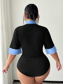 SHEIN SXY Plus Size Women's Spring/Summer Sexy Elegant Minimalist Commuting Black & White Contrast Color Block Shirt Collar 2 In 1 Bodysuit, Suitable For Everyday Wear, Business, Simple, Commuting, Elegant, Casual, Shopping, Streetwear, Going Out, Easy To Match & Looks Slim, Accent Your Body, Flatter The Figure