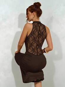 SHEIN BAE 黑色蕾丝低胸紧身连衣裙，黑色蕾丝连衣裙 - 咖啡棕 - 查看 6