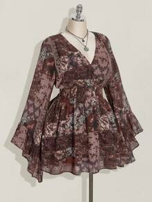 SHEIN ICON 加大码 V 领佩斯利印花褶饰 A 字形连衣裙，波西米亚风、嬉皮风、Y2K 风格，适合秋季、波西米亚风、暑假、音乐节、返校服装、夏装 - 彩色 - 查看 5