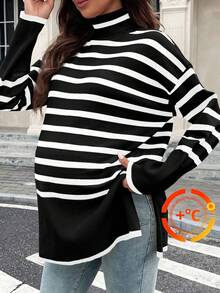SHEIN 孕妇休闲通勤黑白条纹高领宽松落肩开衩下摆保暖毛衣，秋冬 - 黑與白 - 查看 1