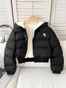 SHEIN Chaqueta casual de moda simple con cremallera, acolchada y engrosada para invierno, con capucha acolchada y bordada, de longitud cropped, cómoda y minimalista para niñas preadolescentes - Negro - Ver 3