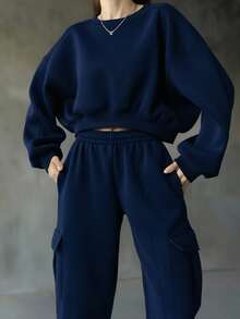 INAWLY Bộ 2 món áo nỉ ngắn tay dài cổ tròn màu xanh navy trơn kèm quần dài bo gấu có túi lưng thun cho nữ - Màu xanh hải quân - Xem 5