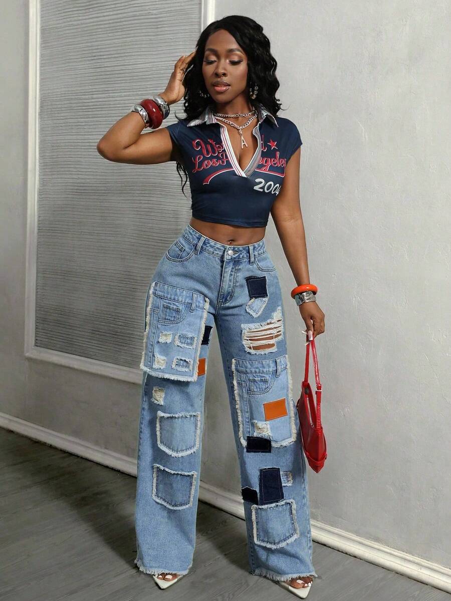Slaydiva Plus Size Women Cowgirl Style Blue Denim Straight Leg Jeans With Patches, Distressed Hem, Non-Stretch, Spring - Light Wash - View 1