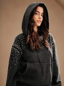 Anewsta Women's Charcoal Gray Oversized Rhinestone Decor Hooded Sweatshirt,Long Sleeve Drawstring Hoodie For Autumn,Casual Night Out,Urban Commute,Winter - Black - View 6