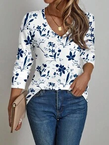EMERY ROSE 女士休闲蓝色花卉秋叶V领长袖T恤，适合秋冬季女士休闲上衣，休闲款 - 彩色 - 查看 3