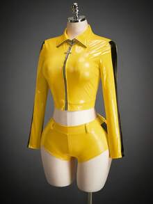 SHEIN ICON Women's Autumn And Winter Halloween COS Costume Sexy Avant-Garde Fashion Retro Yellow And Black Contrast Leather Stitching Slim-Fit Cropped Jacket Low Waist Shorts Suit - Yellow - View 4