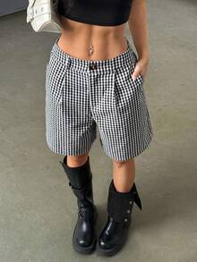 StreetHx Women's Casual Black & White Plaid Shorts, Spring - Black and White - View 1