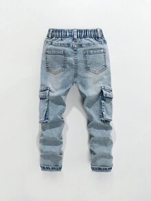 SHEIN Explorewe Jungen Vintage Straßen-Stil zerrissene Multi-Taschen Slim Fit Stretch Jeans Cargohose - Helle Waschung - Übersicht 2