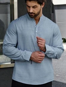 Manfinity CasualCool Loose Fit Men Half Button Roll Up Sleeve Shirt, Fall - Blue - View 3