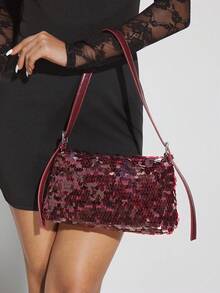 SHEIN SXY 女士、女式单肩包、流浪包、晚装包、红酒包、时尚、奢华、亮片、适合鸡尾酒会、派对、舞会、俱乐部、约会、生日、晚会、约会之夜、宴会、万圣节、圣诞节 - 酒紅色 - 查看 2