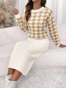 SHEIN Clasi Conjunto de 2 piezas de suéter de manga larga de cuello redondo con contraste blanco elegante y refinado para uso diario, y falda midi de rayas verticales de unicolor para otoño/invierno