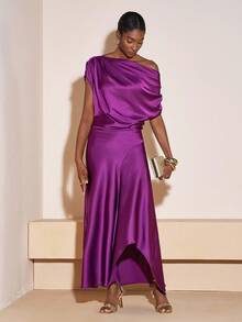 Zivah 2025 Autumn New Music Festival, Easter, St. Patrick's Day, Western, Nomadic, Birthday Party, Graduation, College Style, Student Wear, Daily Casual, All-Match Versatile, Leisure, Vacation, Cruise Travel, Beach, Sunbathing, Viral , Streetwear, Wedding Guest Boho, Commute, Brunch, Airport, Party & Holiday Outfits, Asymmetric Shoulder Long Satin Shiny Purple Dress - Purple - View 5