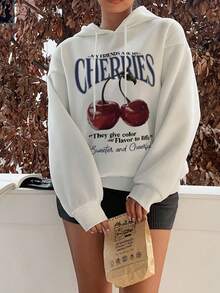 SHEIN EZwear 秋冬女士休闲简约印花图案连帽宽松厚款卫衣 - 白色 - 查看 6