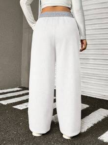 Muchica Plus Size Women's Letter Graphic Drawstring Waist Pockets Loose Sweatpants, White - White - View 2