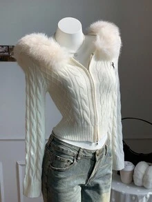 Comfortcana 秋冬女士休闲拉链羊毛连帽开衫 - 米色 - 查看 4