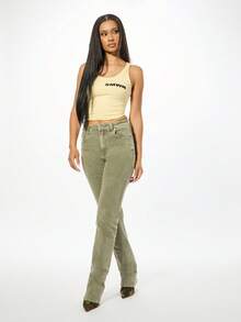 SUMWON WOMEN 棉质高腰喇叭裤 Y2K 风格叠层裤腿经典版型直筒牛仔裤秋冬时尚复古下装 - 淺灰色 - 查看 4