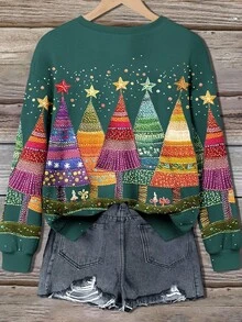 EMERY ROSE Áo nỉ cổ tròn in hình cây thông Noel nhiều màu sắc cho nữ cỡ lớn - màu xanh lá - Xem 2